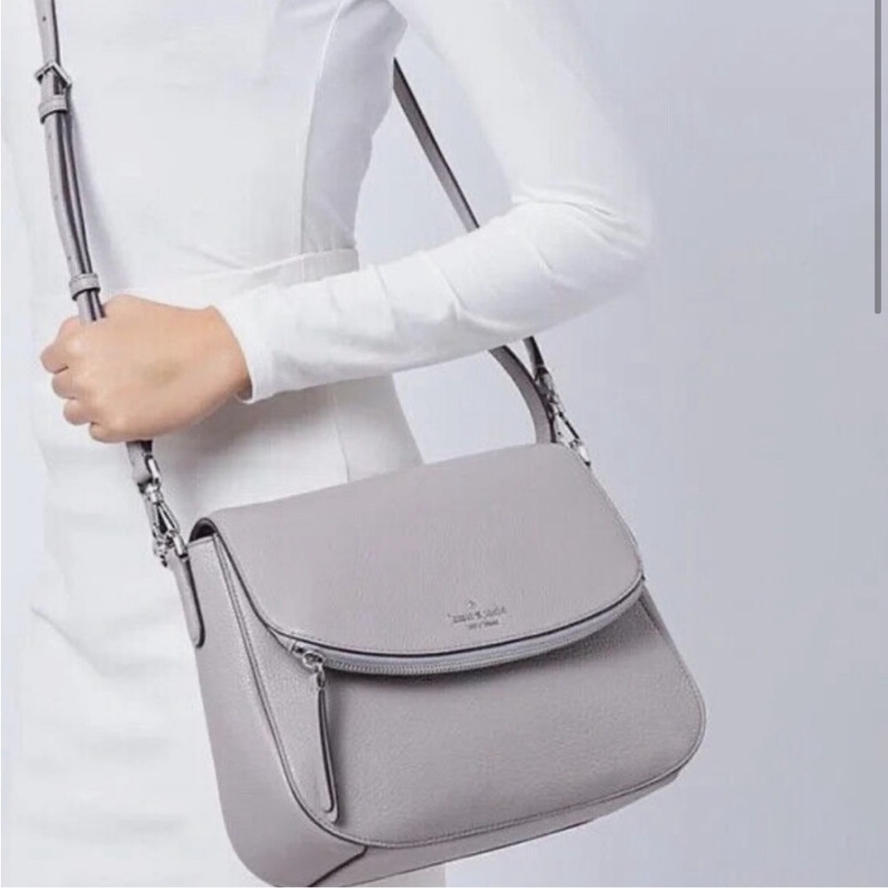 Kate Spade Jackson Gray Taupe Soft Pebbled Leather Medium Flap Crossbody Bag